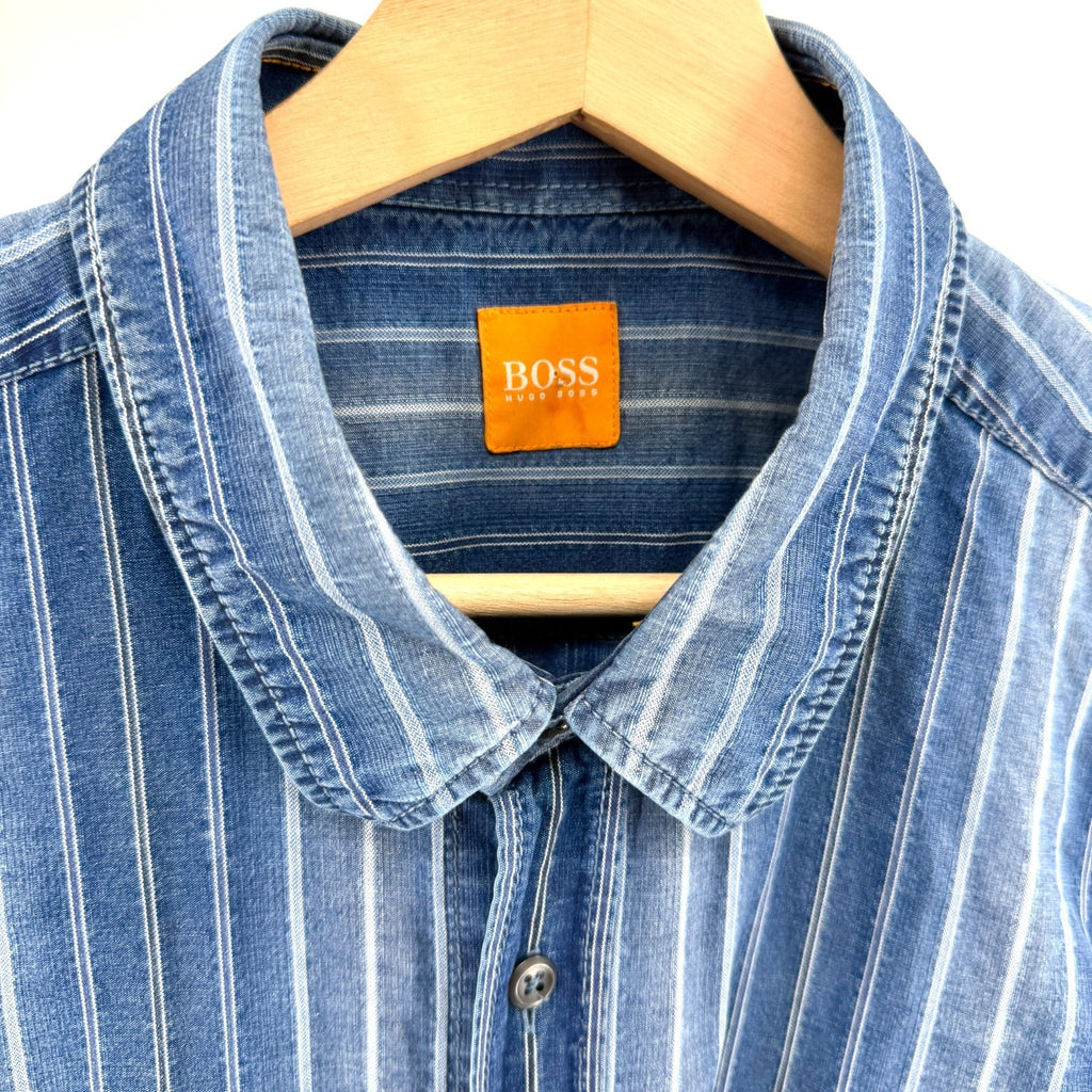 Hugo Boss Orange Blue Striped Cotton Denim Chambray Shirt