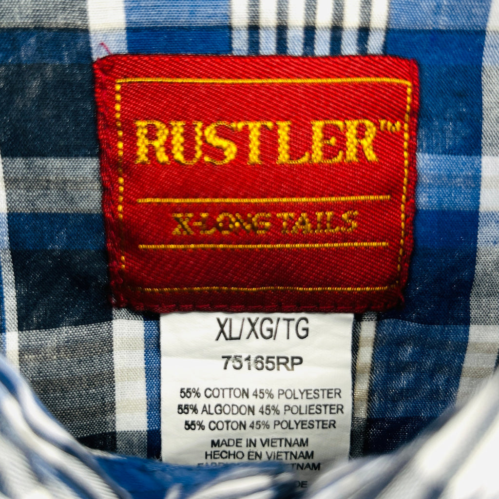 Rustler Blue Black Plaid Cotton Blend Western Pearl Snap Shirt