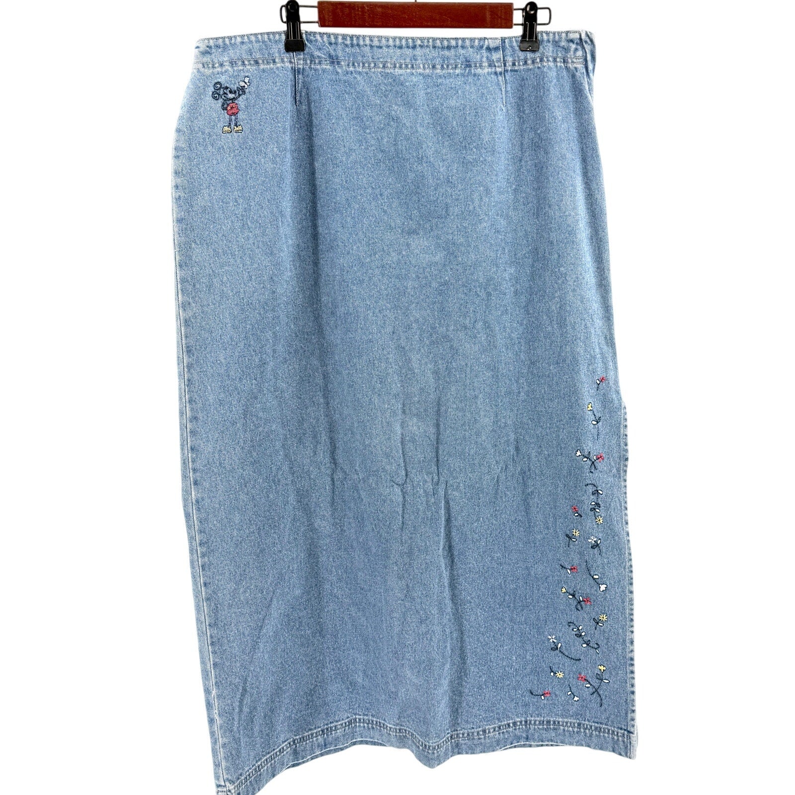 Vintage 90s Disney Store Denim Mickey Mouse Embroidered 100% Cotton Maxi Skirt