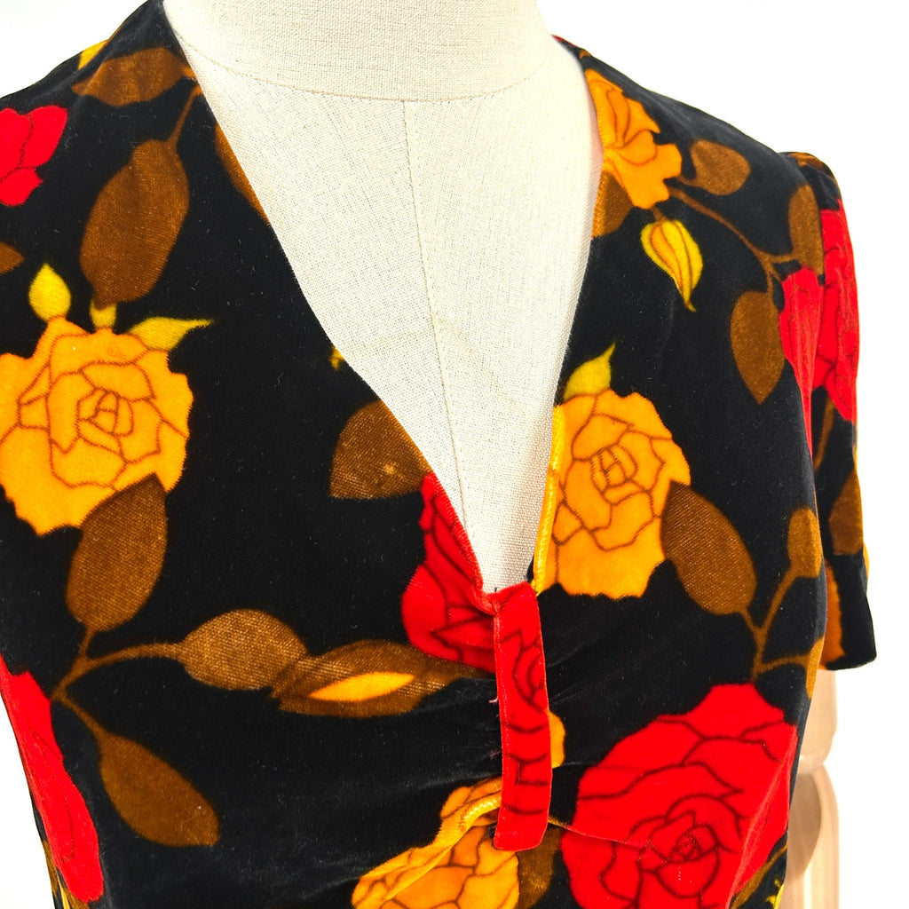 Vintage 90s Handmade Black Velvet Yellow Red Rose Floral Romantic Blouse