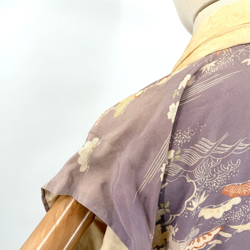 Vintage 50s Showa Era Purple 100% Silk Floral Nagajuban Loungewear Kimono Robe