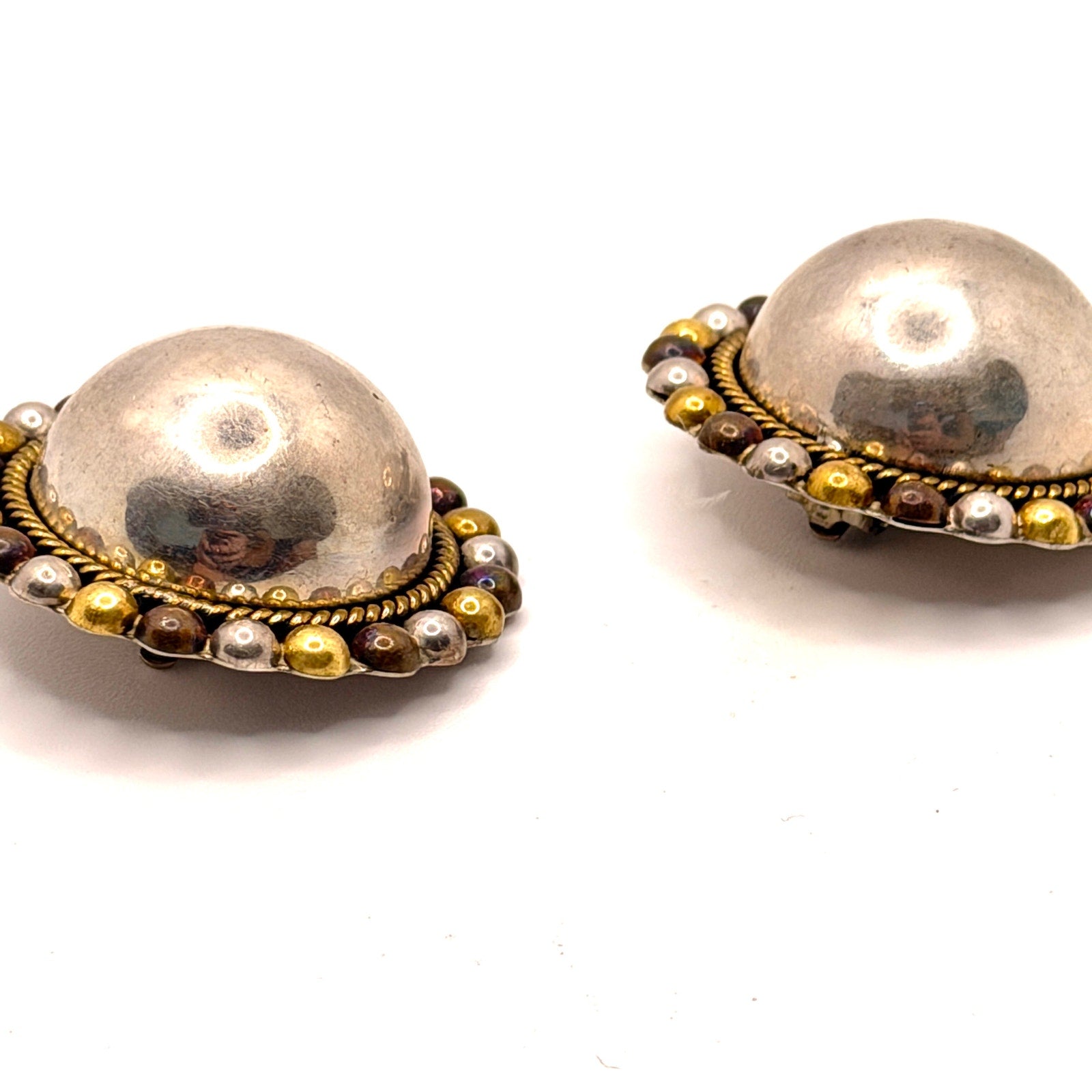 Vintage 90s Stamped Mexico 925 Sterling Silver Mixed Metal Dome Clip On Earrings
