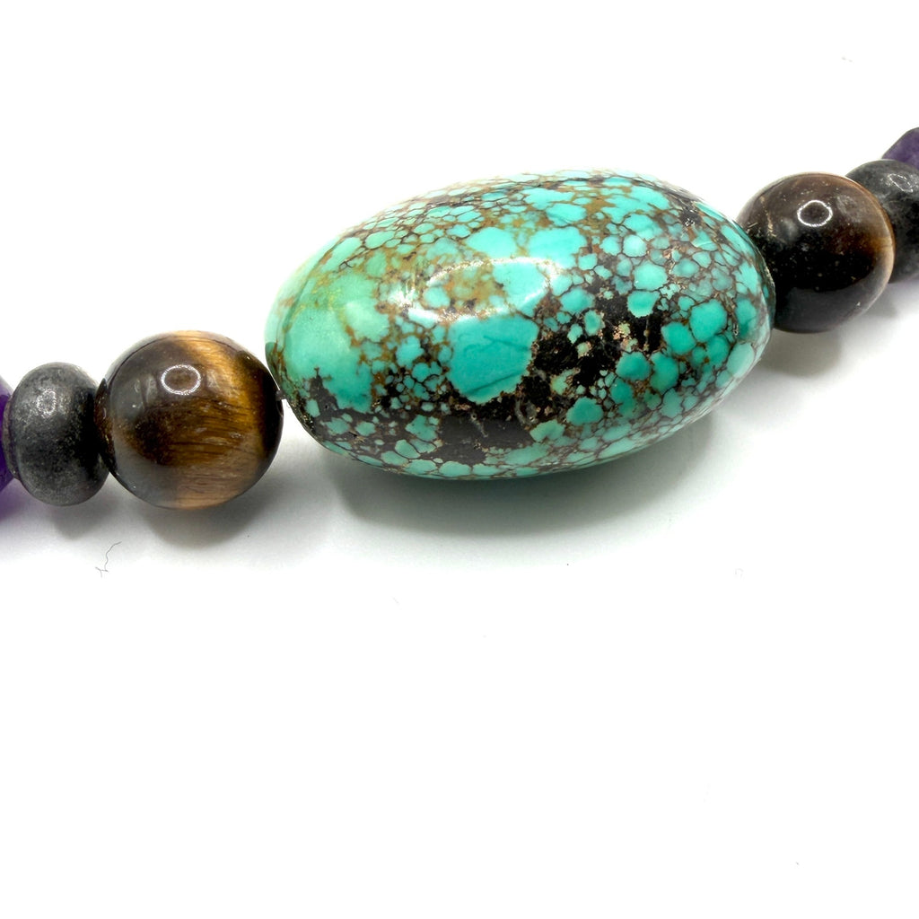 Vintage Y2K Purple Amethyst Turquoise Tiger Eye Boho Statement Bead Necklace