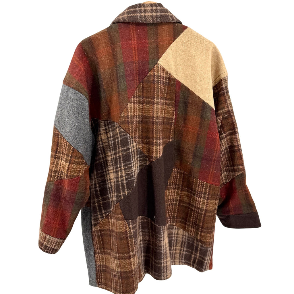 Vintage 90s Sacred Threads Brown Patchwork 100% Wool Plaid Shacket Car Coat