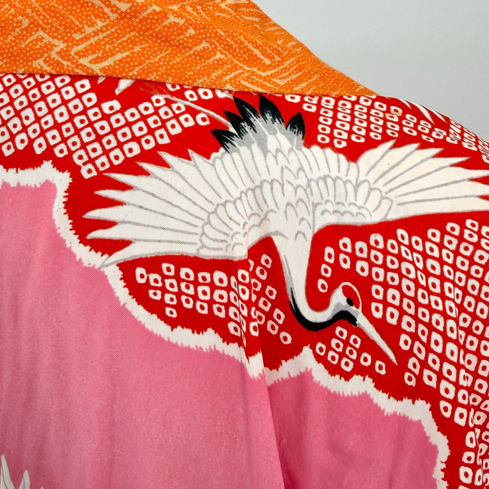 Vintage 60s Showa Era Pink Orange Silk Crane Motif Haori Kimono Jacket
