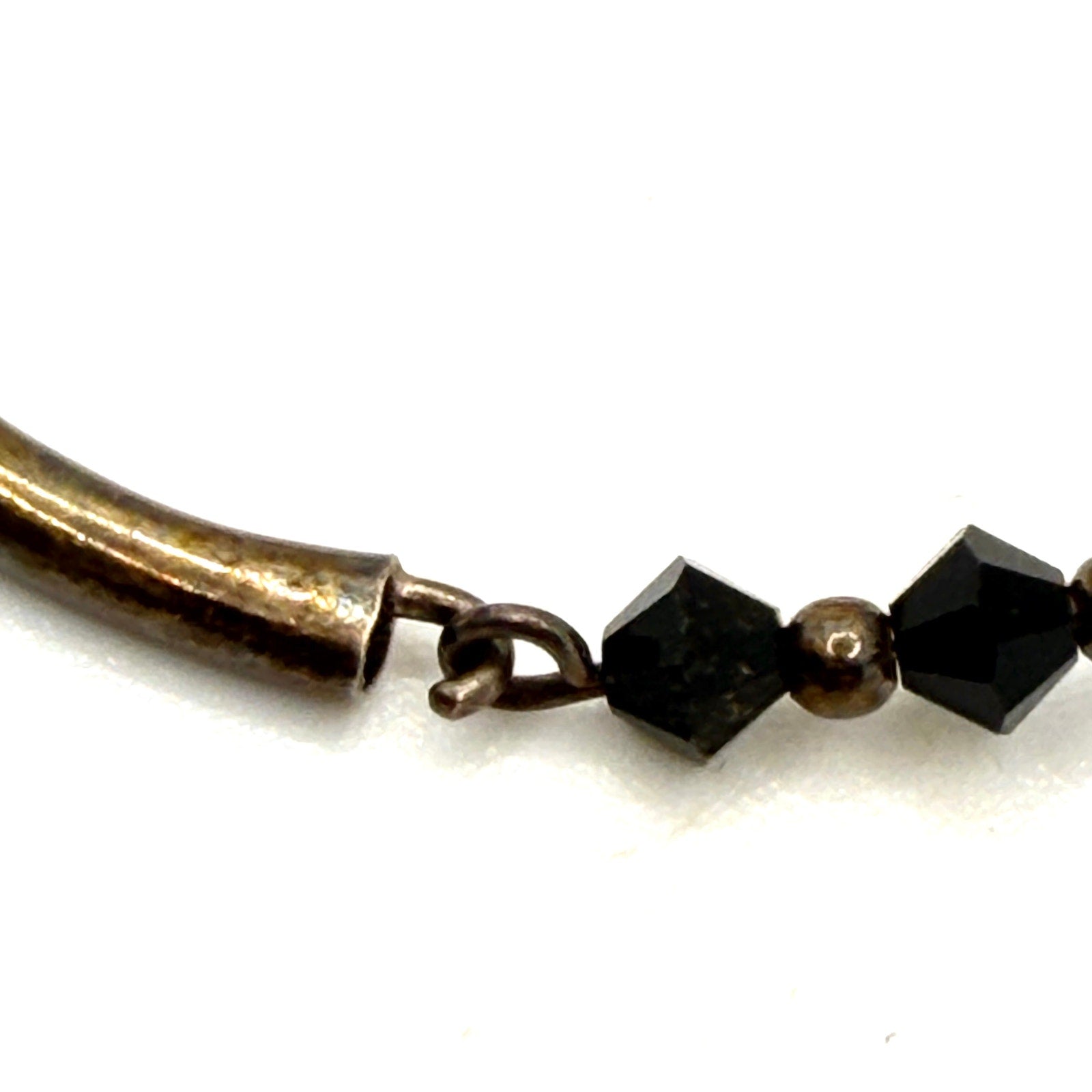 Vintage 90s Sterling Silver Black Onyx Bicone Bead Stamped Bangle Bracelet
