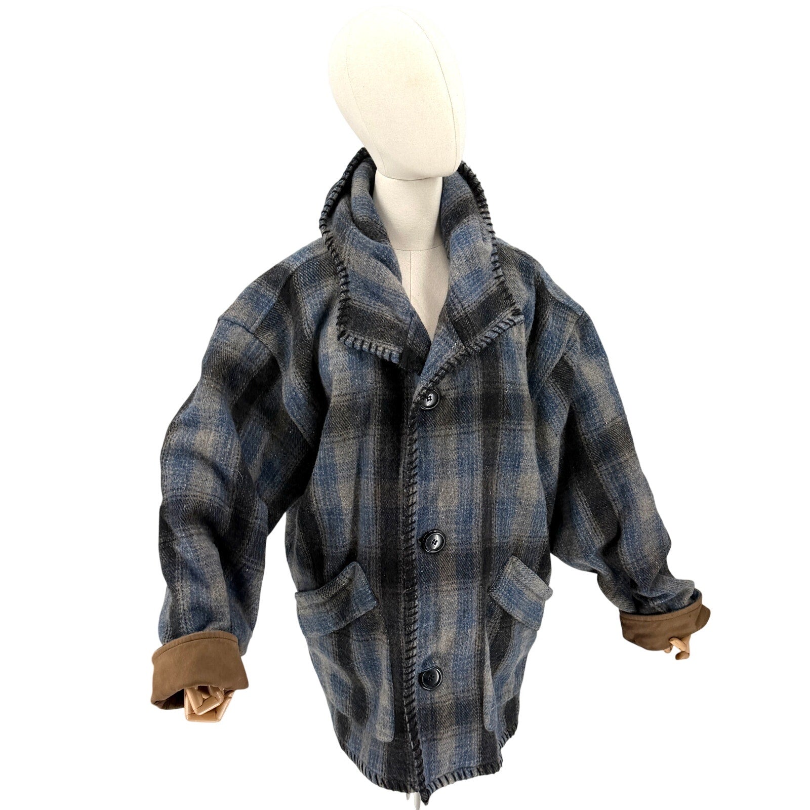Vintage 90s Free Country Blue Gray Plaid Hooded Blanket Jacket