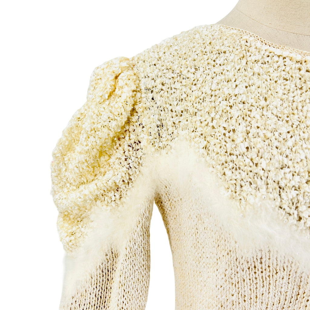 Vintage 80s Cream Super Soft Puff Sleeve Angora Pearl Trim Sweater