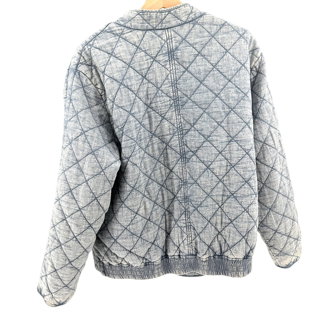 Blue 100% Cotton Reversible Quilted Floral Chambray Insulated Bomber Jacket