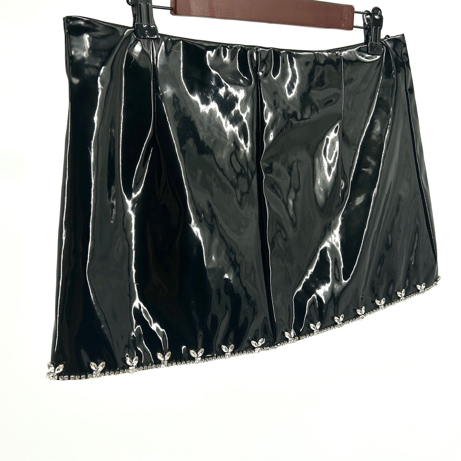 NWT DES PHEMMES Black Vinyl Crystal Embellished Micro Mini Skirt