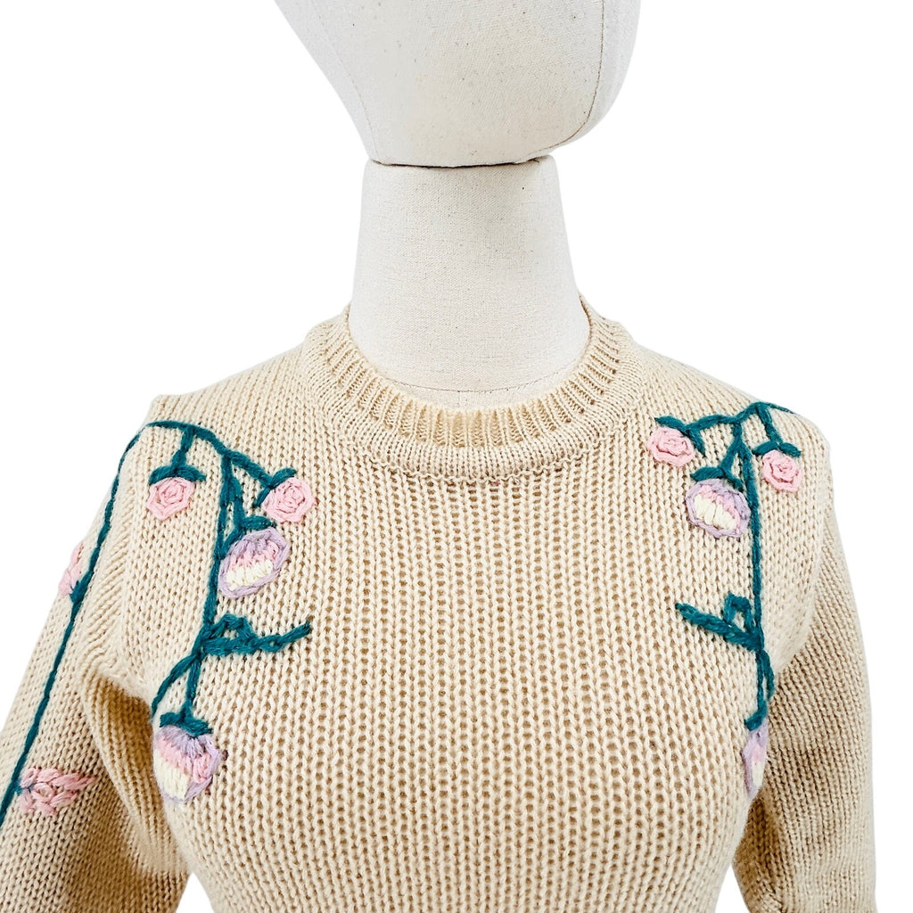 Vintage 80s Beige Teal Pink Floral Embroidered Sweater