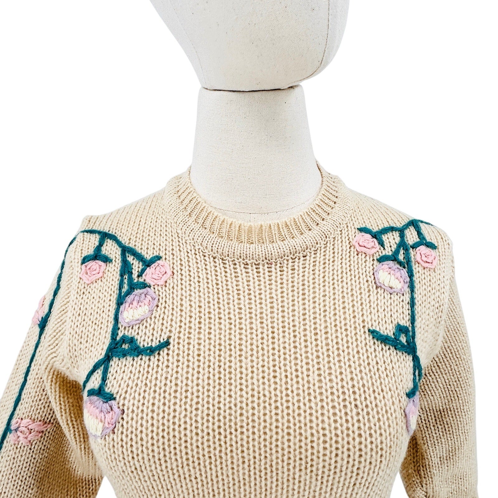 Vintage 80s Beige Teal Pink Floral Embroidered Sweater