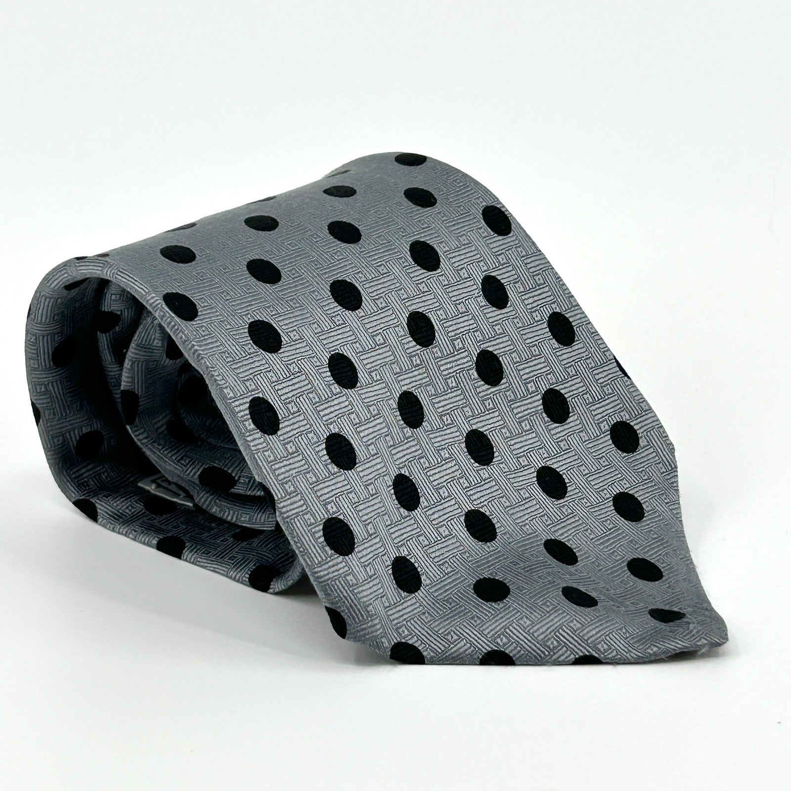 Vintage 80s Andrew Scott Silver Black Polka Dot 100% Silk Necktie