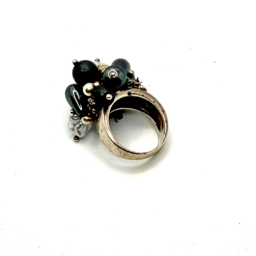 Vintage 90s JCM Signed 925 Sterling Silver Hematite Pearl Cluster Ring