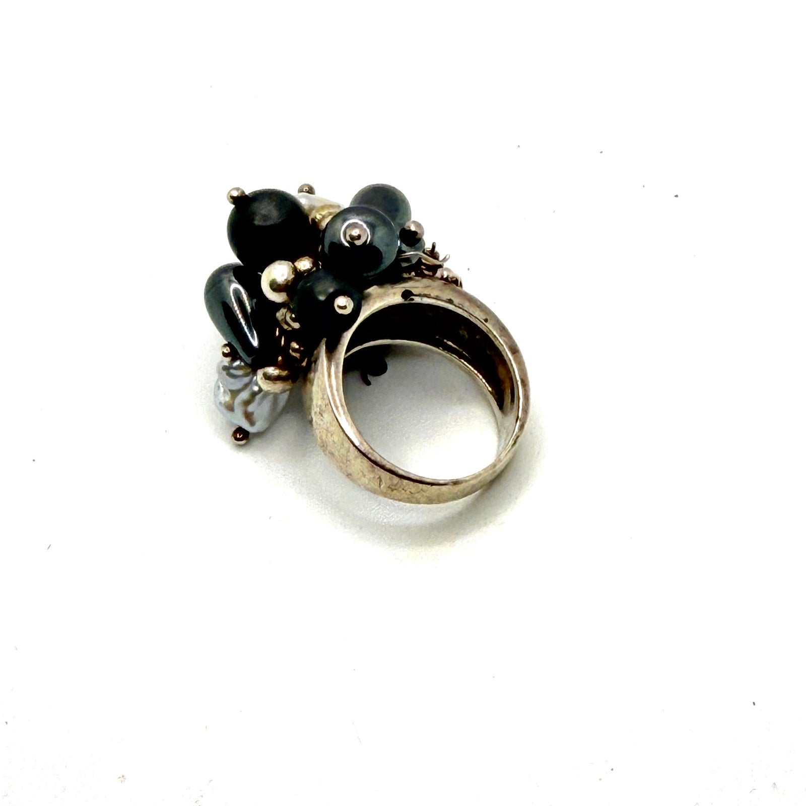 Vintage 90s JCM Signed 925 Sterling Silver Hematite Pearl Cluster Ring