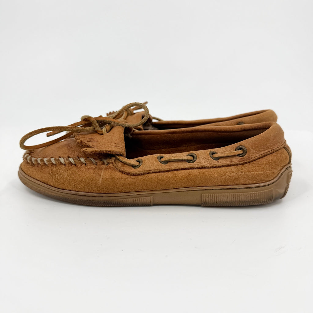 Vintage 90s Minnetonka Tan Genuine Leather Fringe Moccasin Loafers