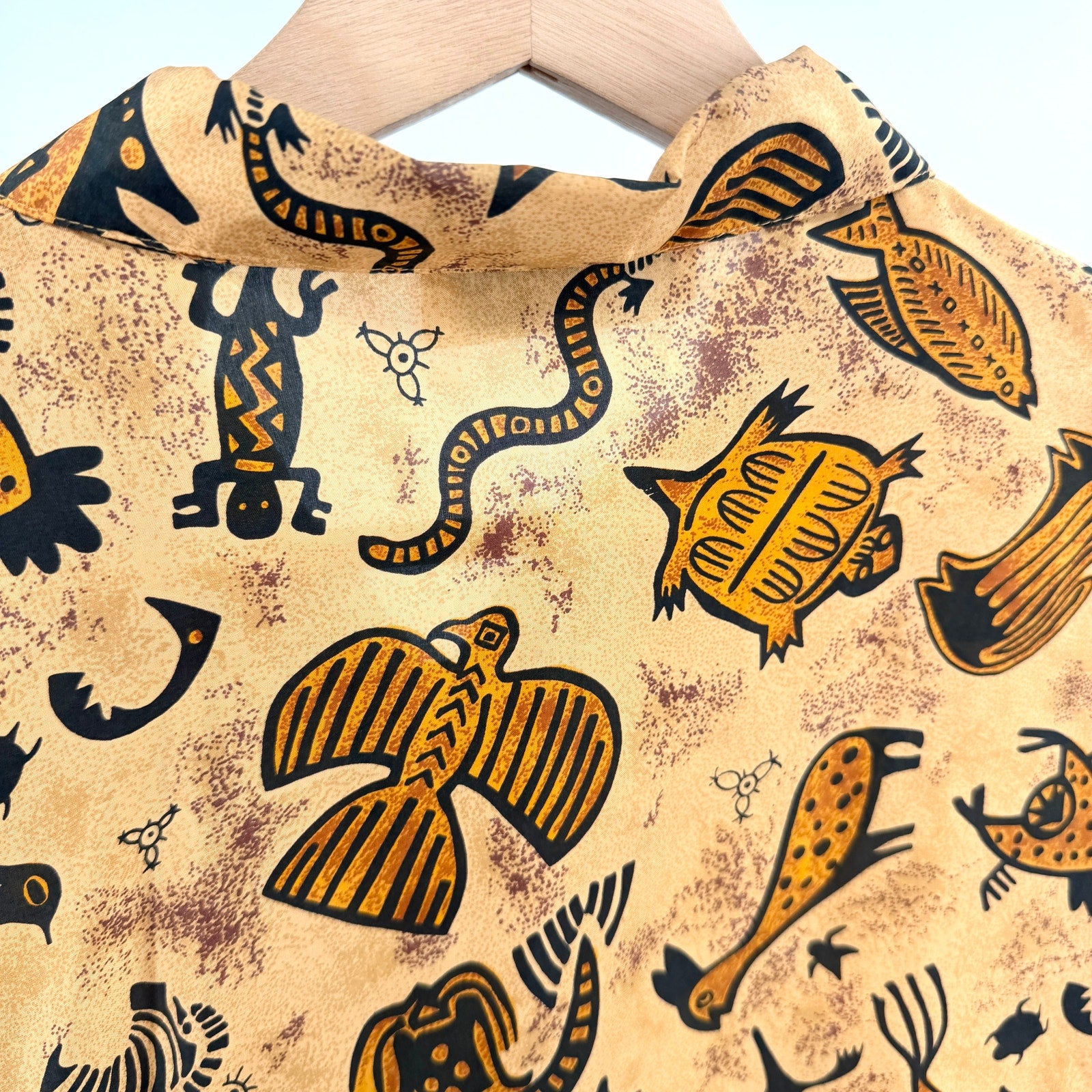 Vintage 90s Lady Bear Tan 100% Silk Southwestern Tribal Shirt