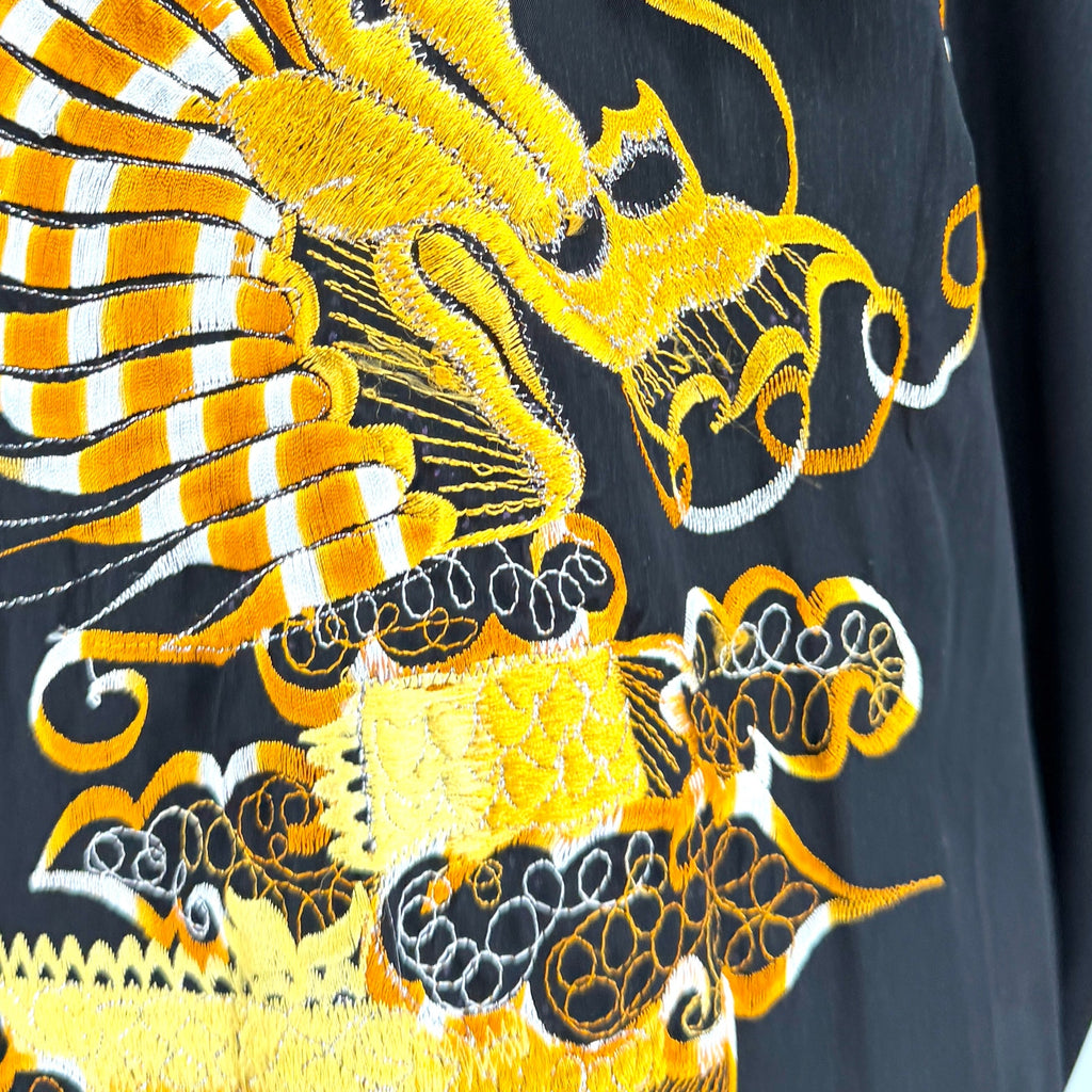 Vintage 90s Blue Gold Reversible Embroidered Black Dragon Kimono Robe