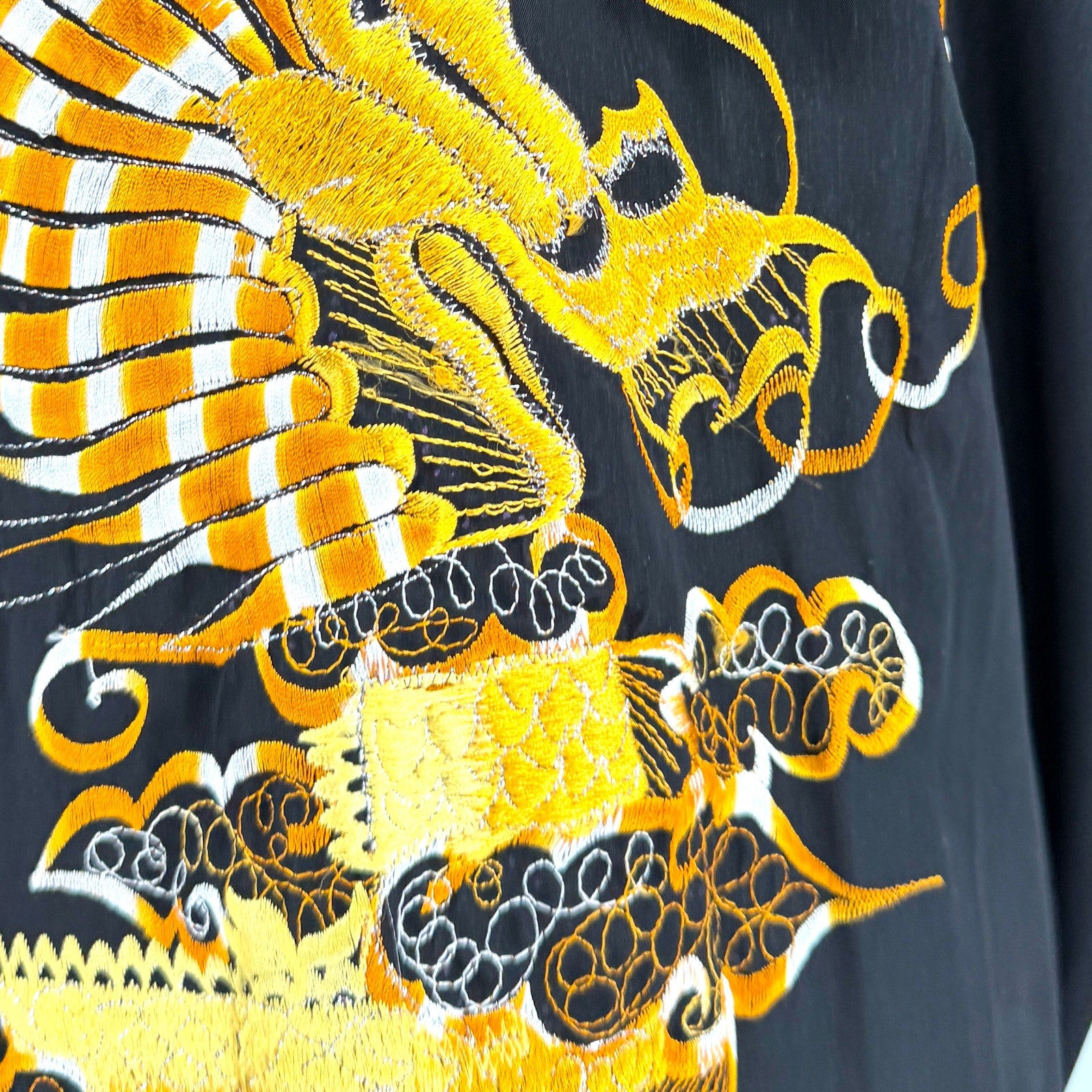 Vintage 90s Blue Gold Reversible Embroidered Black Dragon Kimono Robe