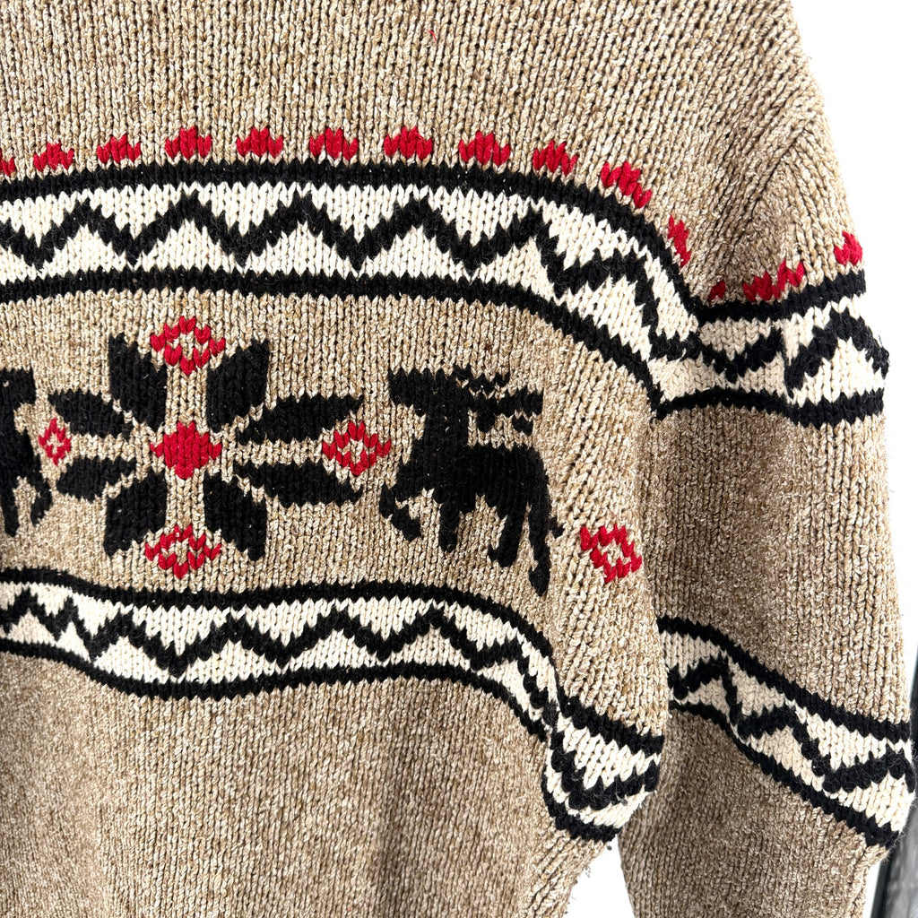 Vintage 90s Eddie Bauer Tan Red Fair Isle Reindeer Silk Blend Sweater