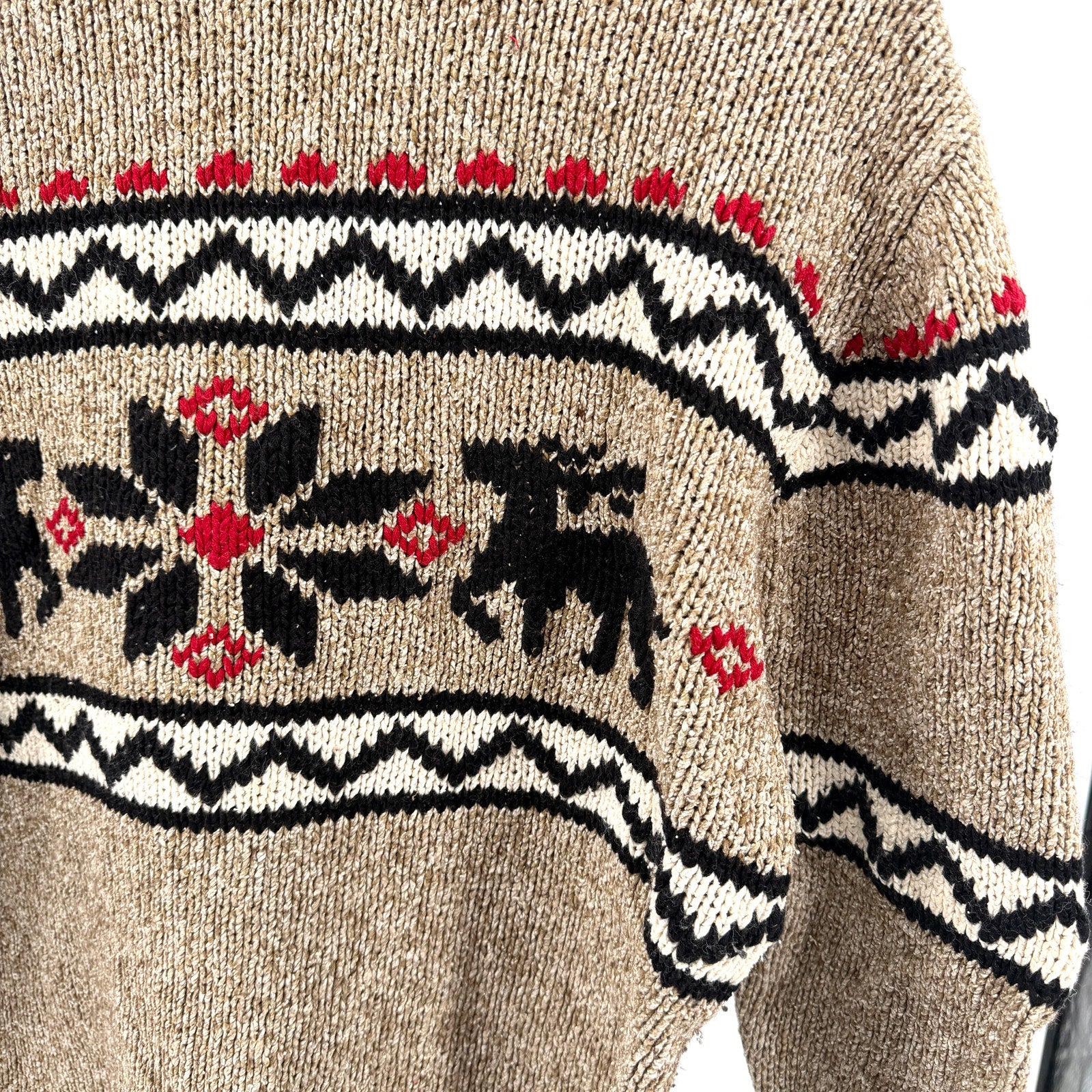 Vintage 90s Eddie Bauer Tan Red Fair Isle Reindeer Silk Blend Sweater