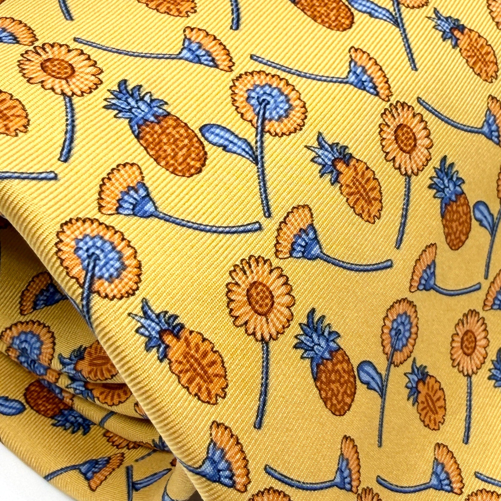 Longchamp Paris Yellow Silk Pineapple Sunflower Print Necktie