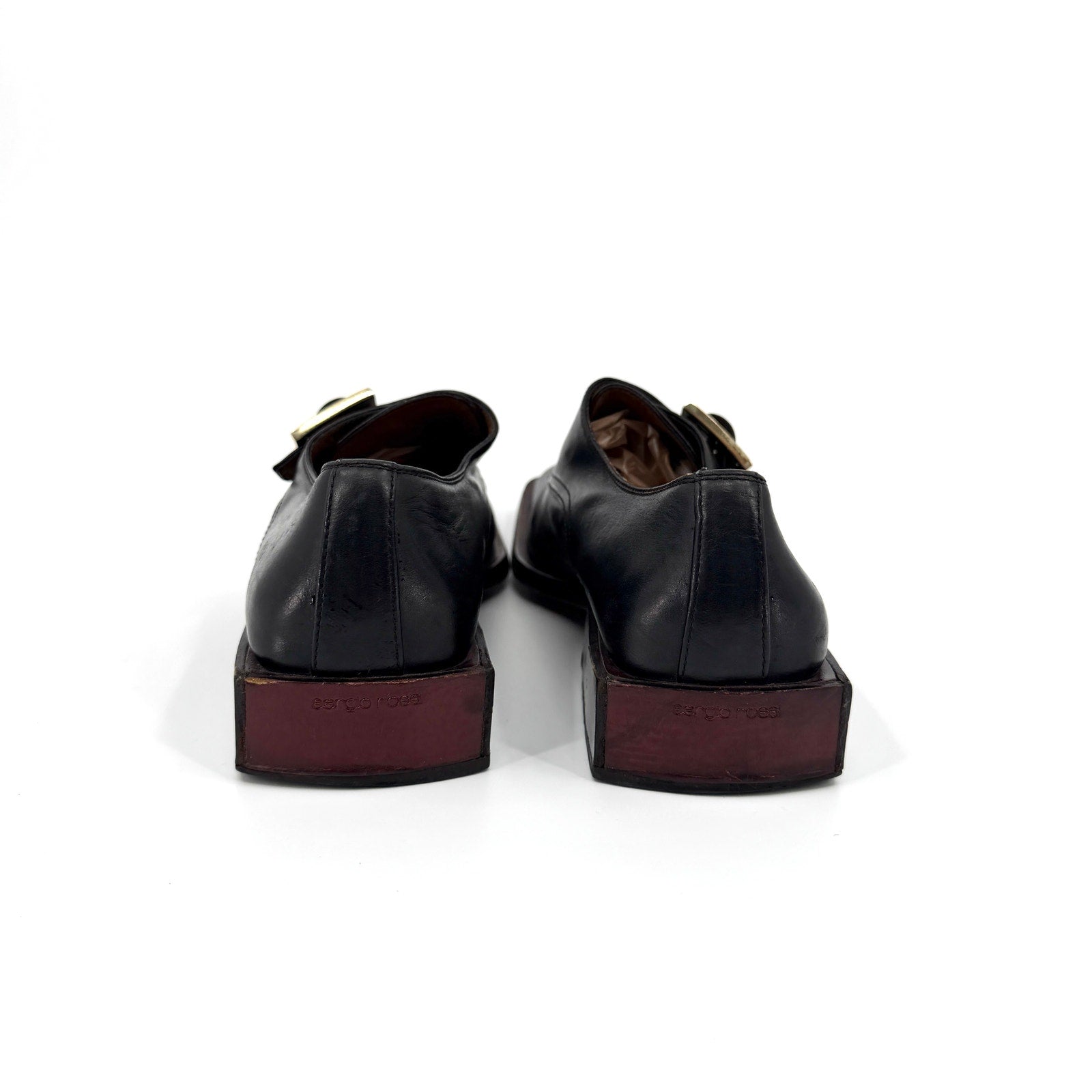 Vintage 90s Sergio Rossi Black Genuine Leather Square Toe Buckle Shoes