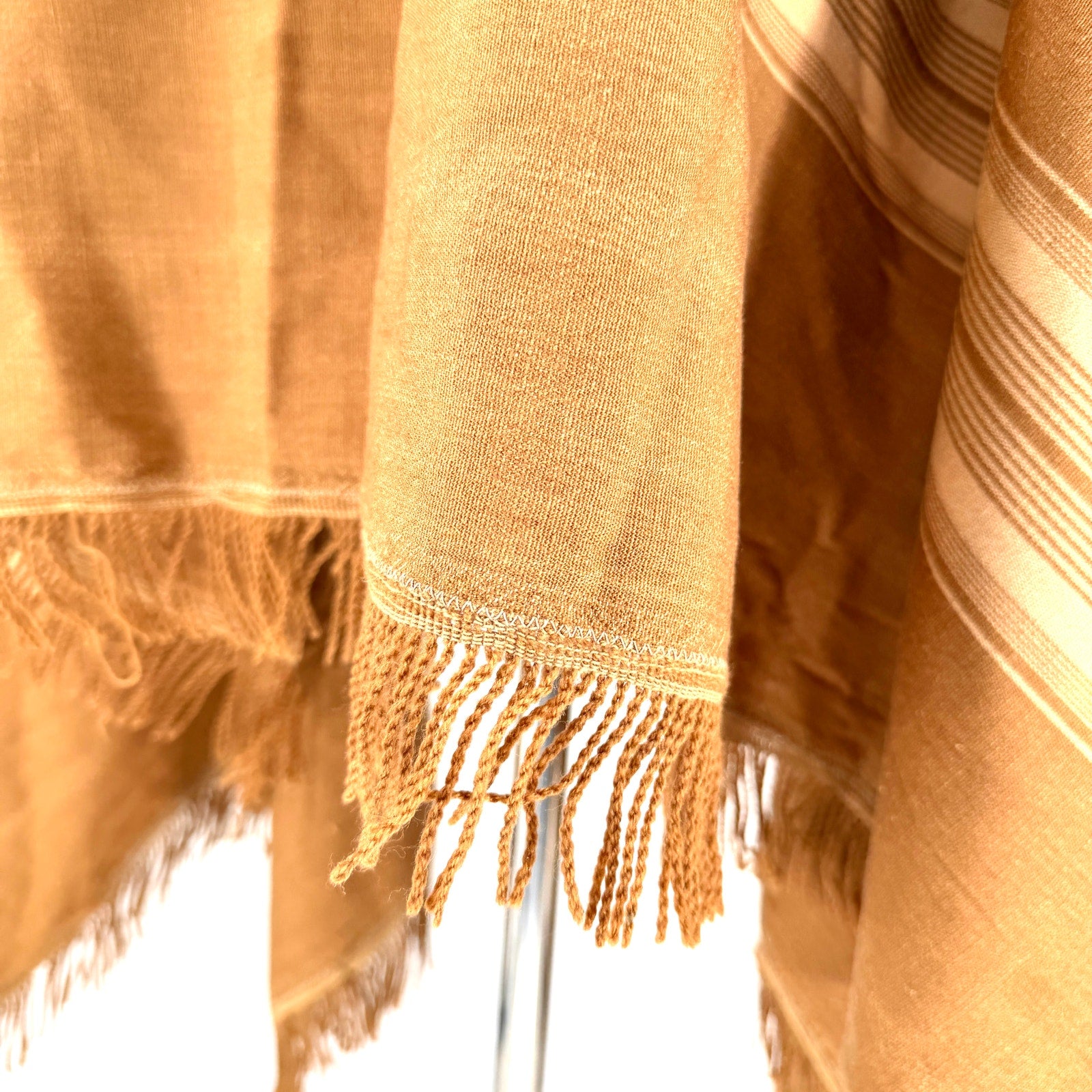 Vintage 70s Brown Striped Fringed Distressed Boat Neck Wrap Poncho