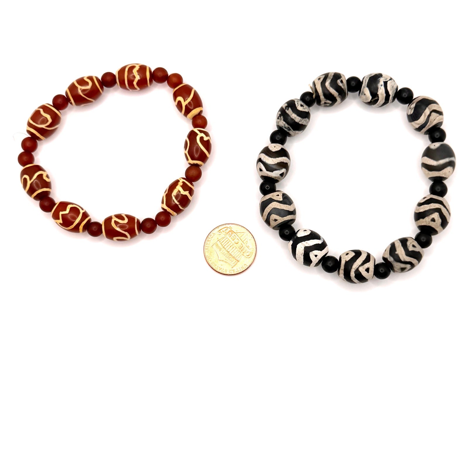 Black Red Etched Dzi Agate Boho Stretch Bracelet Set