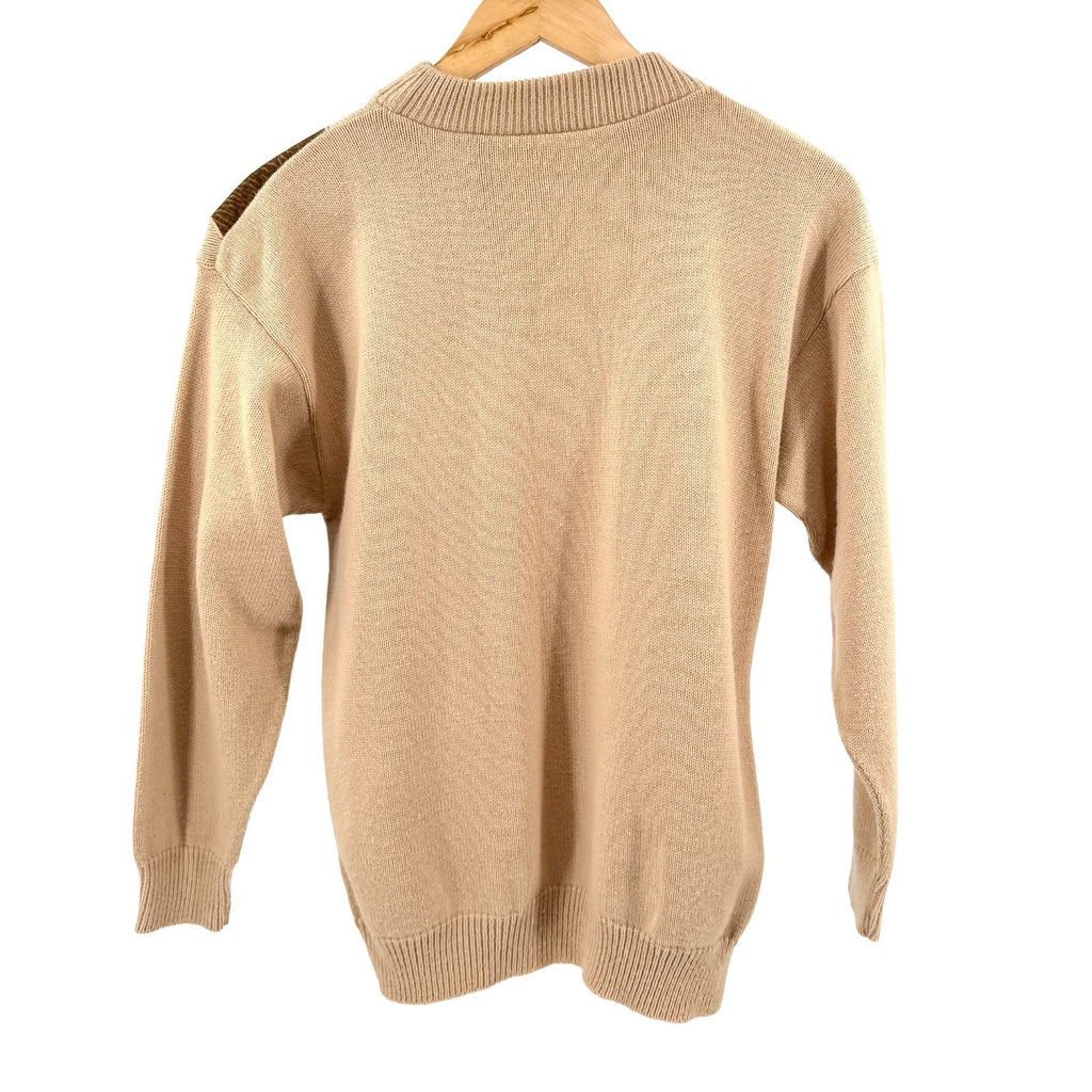 Vintage 80s Rugby Road Tan Faux Leather Tassel Abstract Applique Sweater