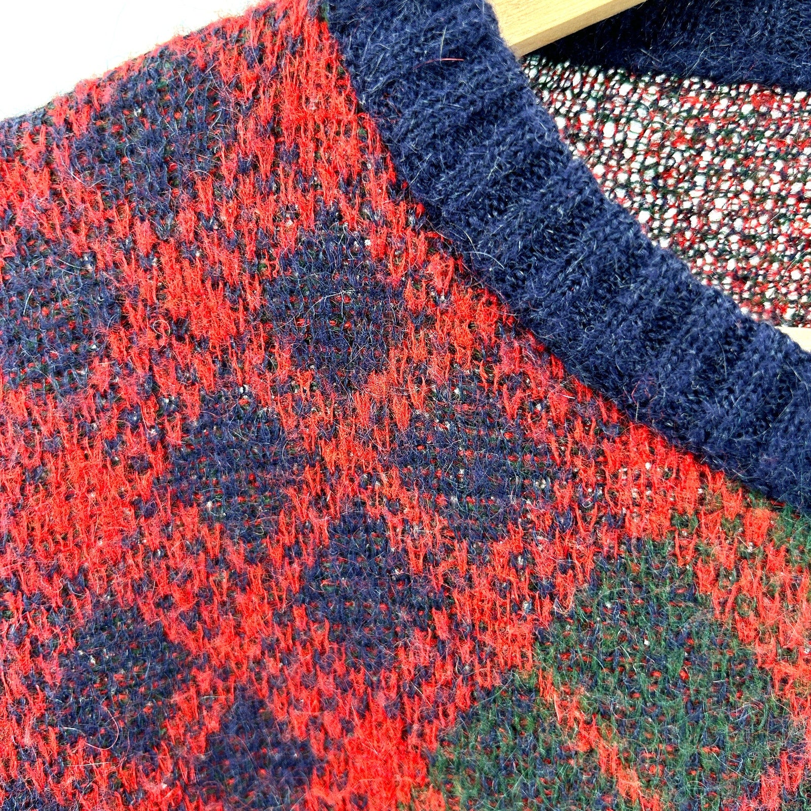 Vintage 90s Bethlehem Knitwear Red Navy Argyle Mohair Blend Sweater