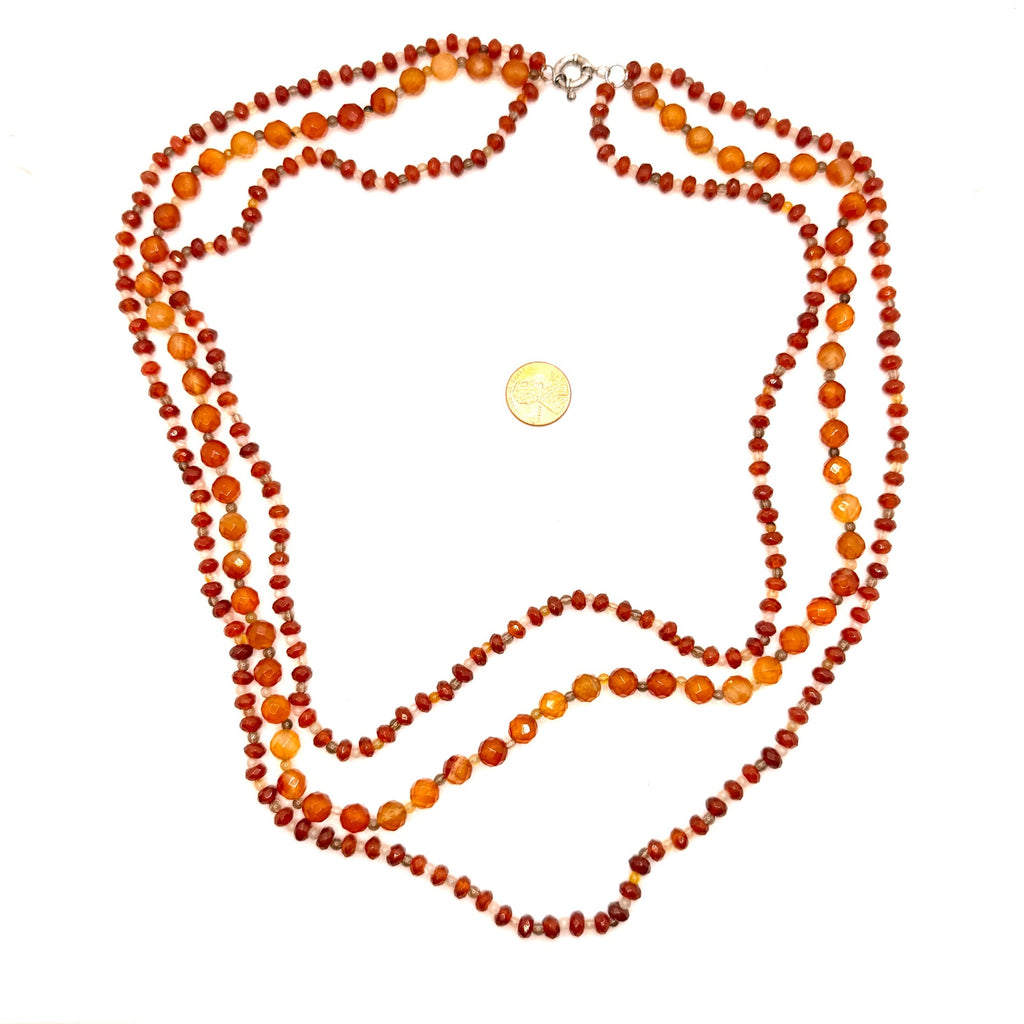 Vintage 90s Orange Carnelian Smoky Quartz Multi Strand Faceted Necklace