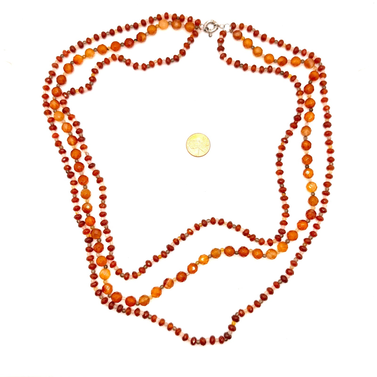 Vintage 90s Orange Carnelian Smoky Quartz Multi Strand Faceted Necklace