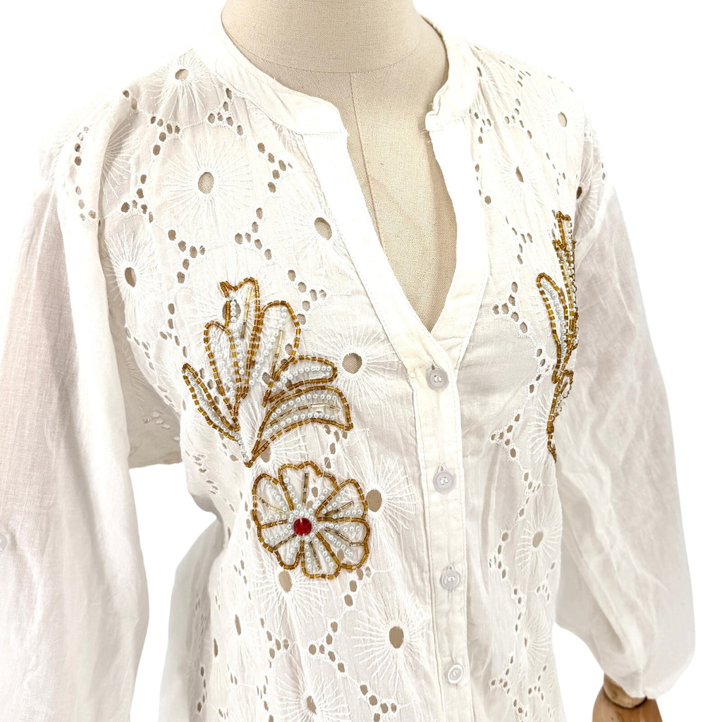 Vintage Y2K Swarna White 100% Cotton Bohemian Eyelet Beaded Button Up Dress