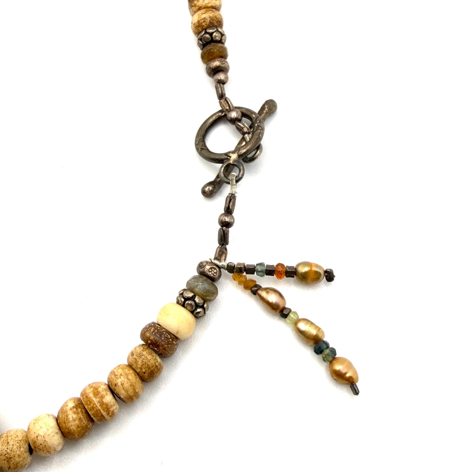 Vintage 90s Hand Carved Natural Bone Graduated Flat Disc Necklace Bracelet Set