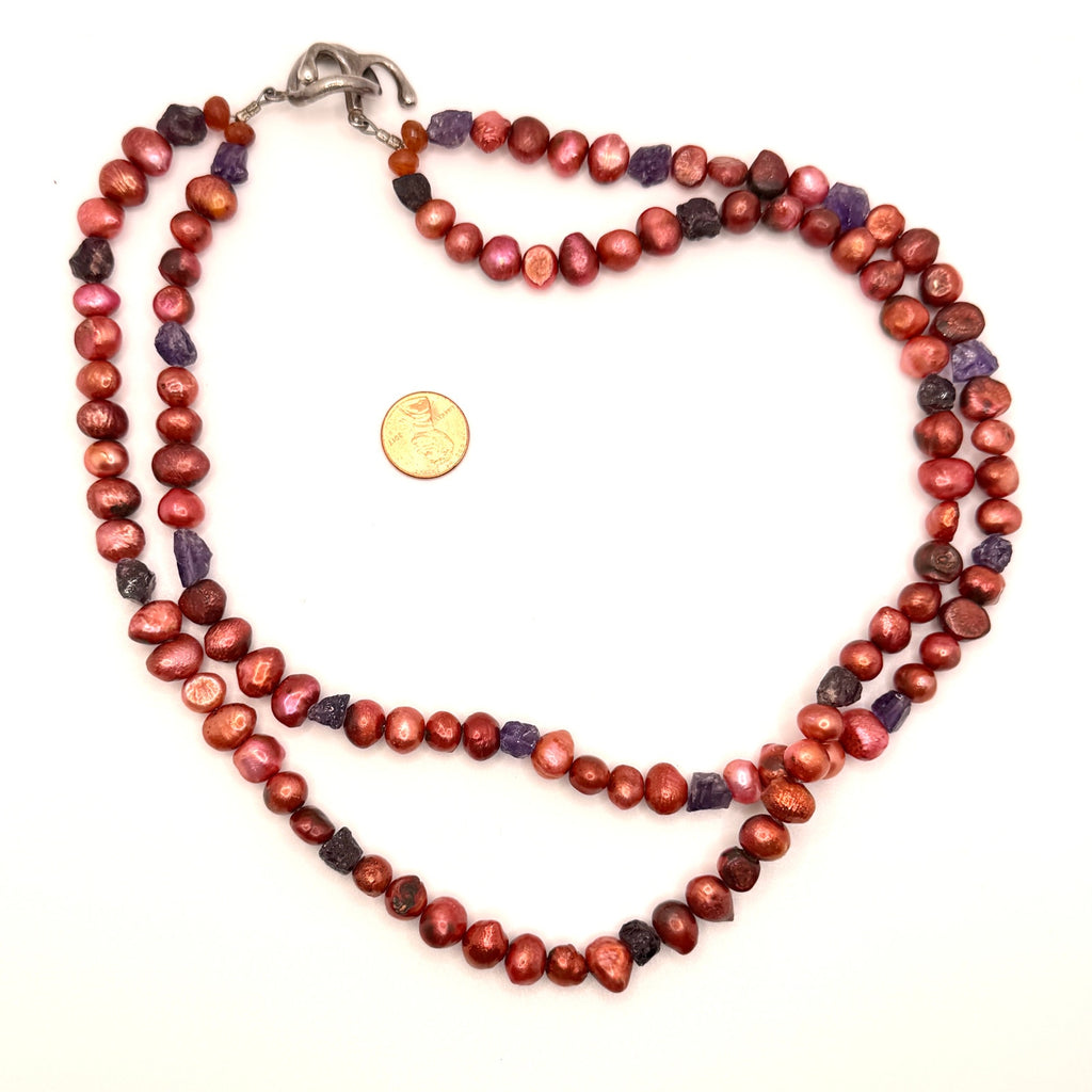Vintage 90s Red Copper Freshwater Pearl Amethyst Boho Statement Necklace