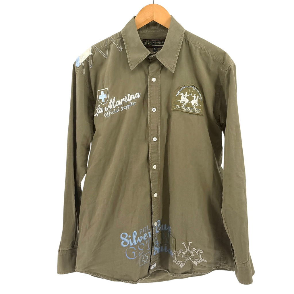 La Martina Saddlery Olive Green Embroidered Utility Polo Button Down Shirt