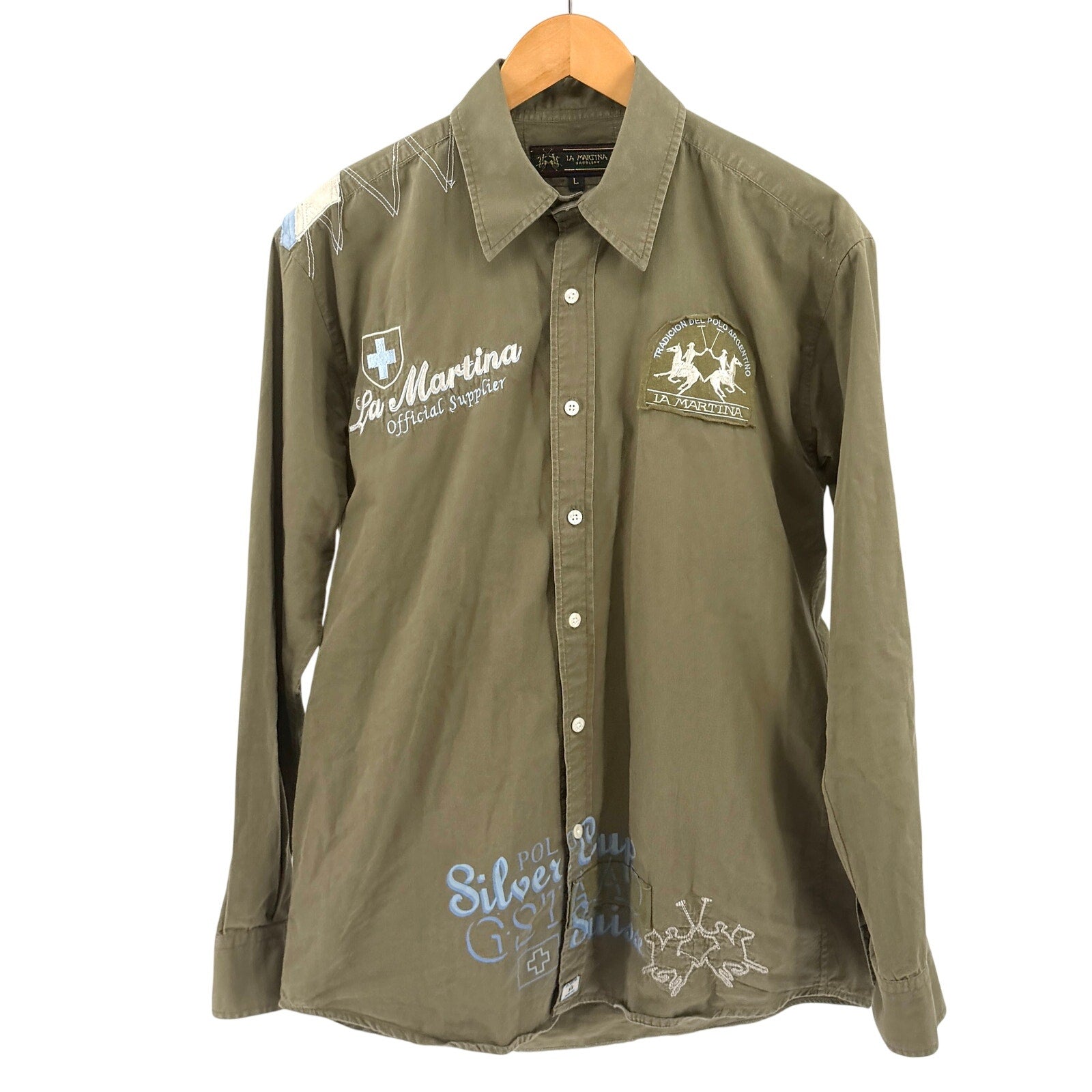 La Martina Saddlery Olive Green Embroidered Utility Polo Button Down Shirt