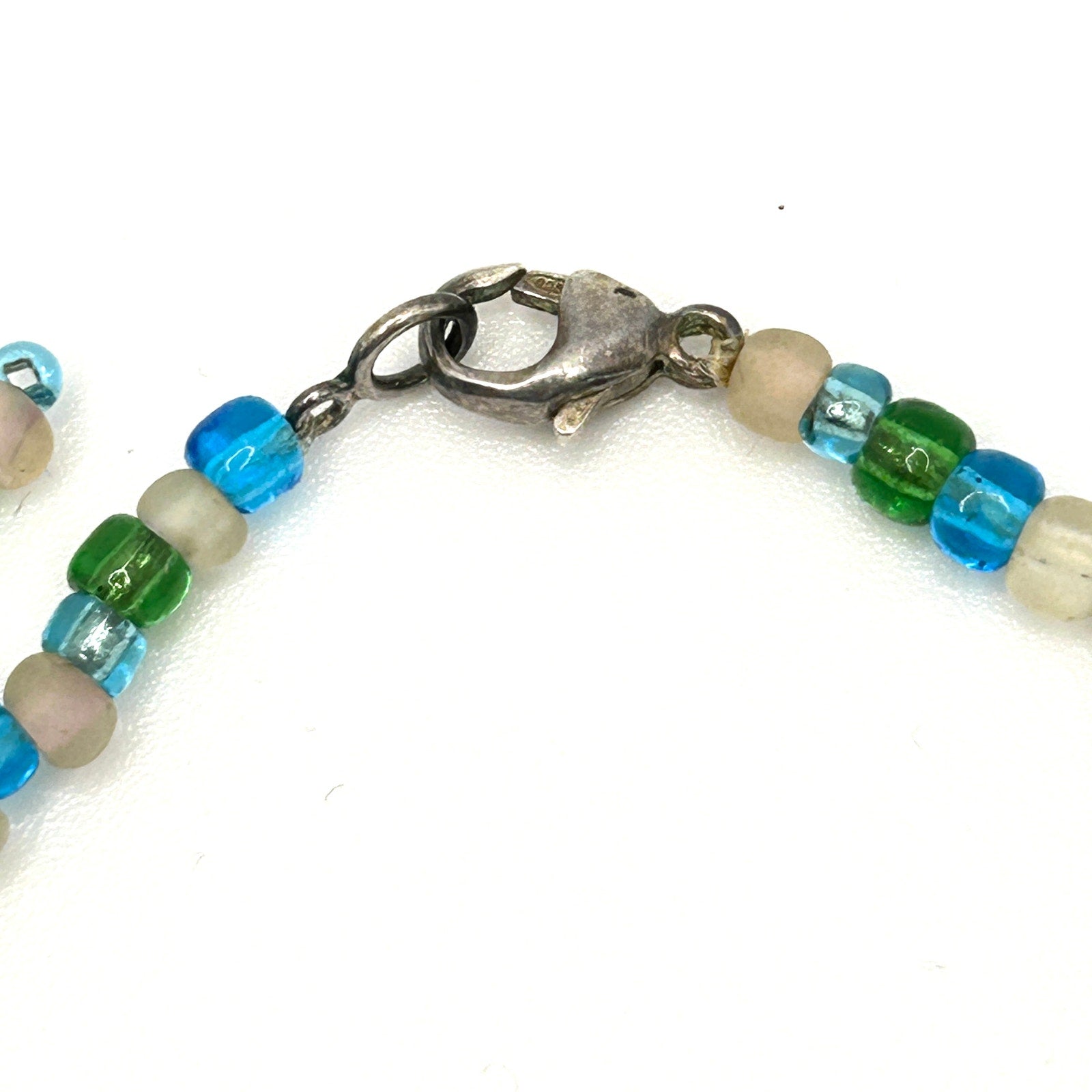 Vintage 1980s Handmade Blue Green Glass Seed Bead Fringe Choker Necklace