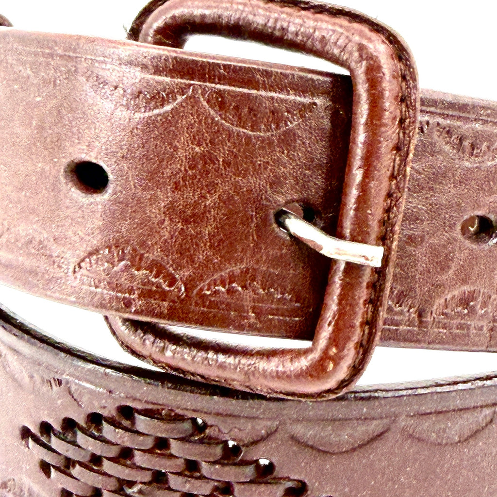 Vintage 80s Brown Genuine Leather Tooled Basketweave Western Belt