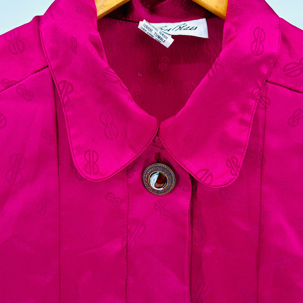 Vintage 80s Bill Blass Magenta Satin Monogram Jacquard Blouse