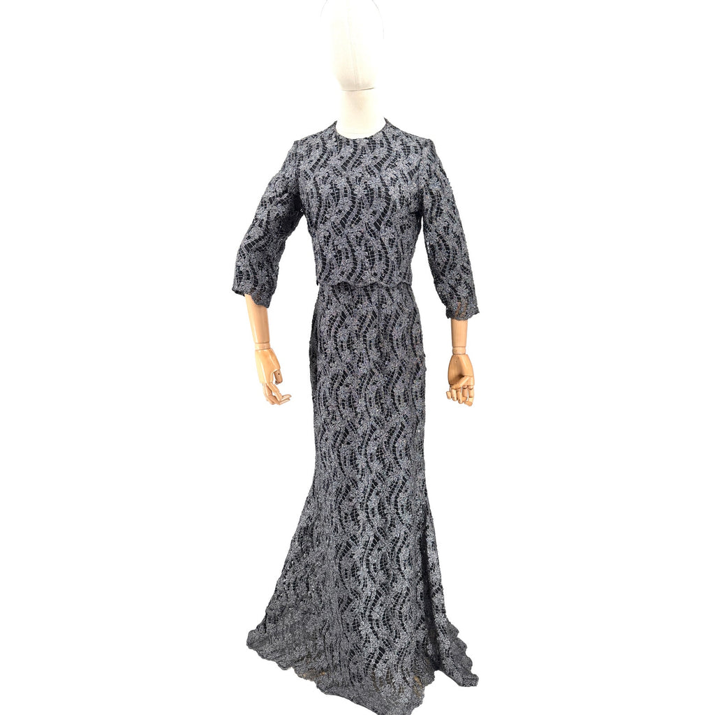 Vintage Y2K Gunmetal Black Metallic Lace Sequin Formal Evening Gown