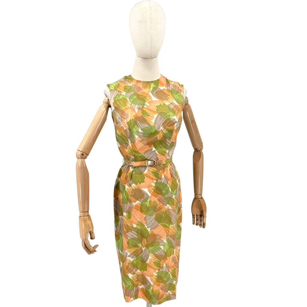 Vintage 60s Green Orange Brush Stroke Shift Garden Party Midi Pencil Dress