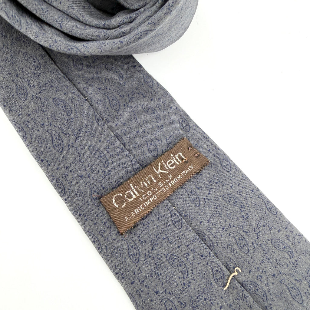 Vintage 80s Calvin Klein Indigo Blue 100% Silk Paisley Italo-Preppy Necktie