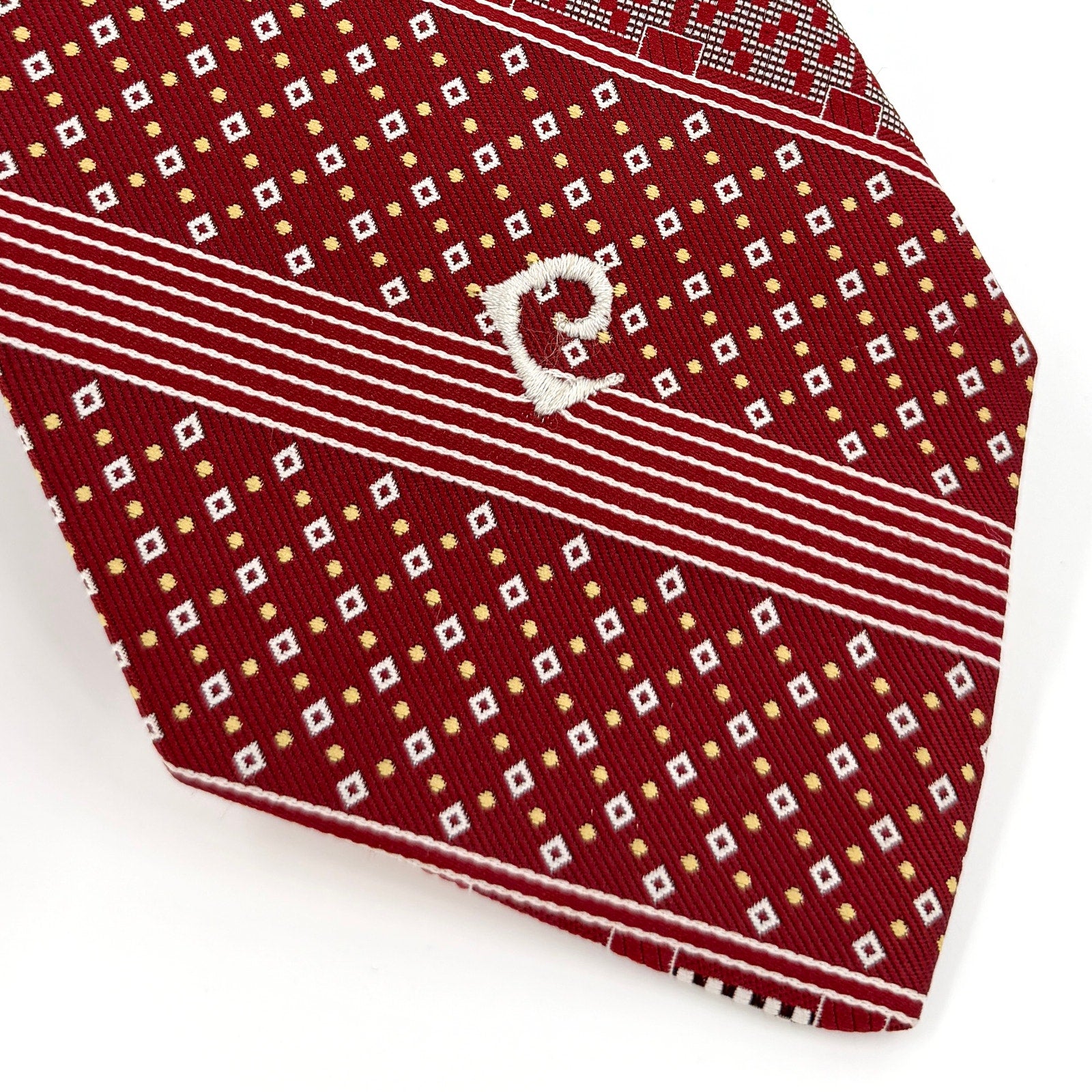 Vintage 70s Pierre Cardin Red White Geometric Logo Wide Necktie