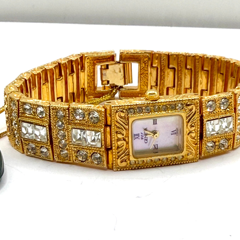 Vintage 80s Geneva One Mic Gold Faux Diamond Glam Cocktail Watch Bracelet