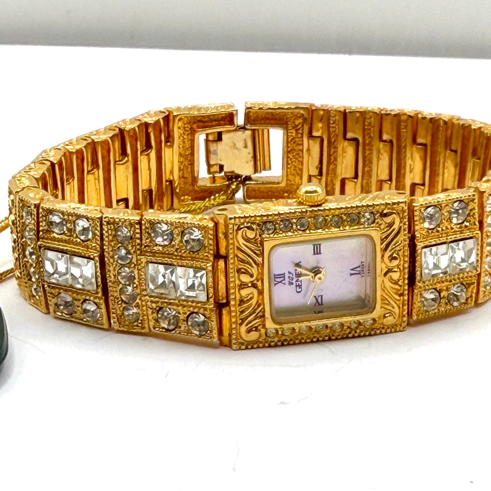 Vintage 80s Geneva One Mic Gold Faux Diamond Glam Cocktail Watch Bracelet