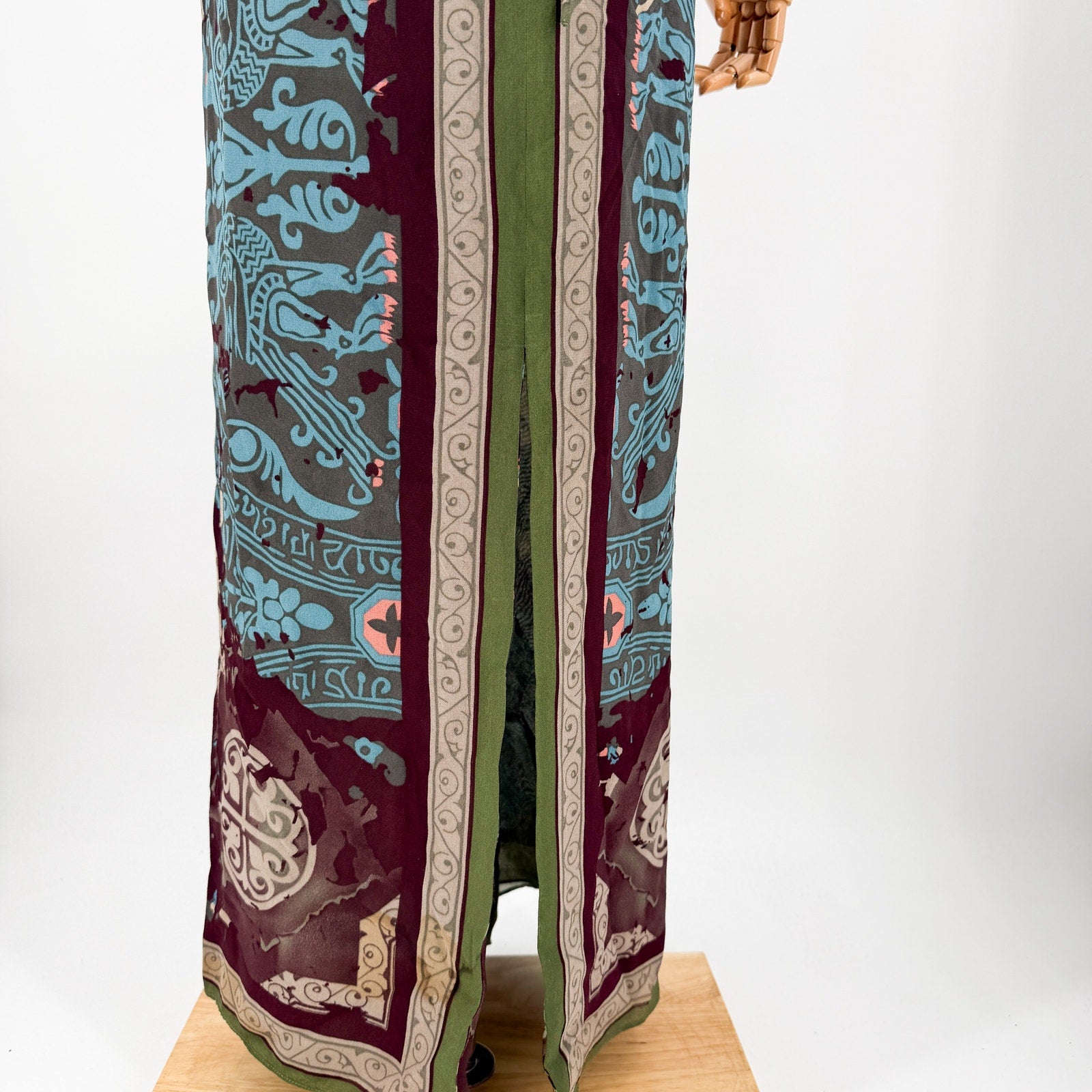 Vintage Y2K Nicole Miller Green Purple 100% Silk Geometric Halter Maxi Dress