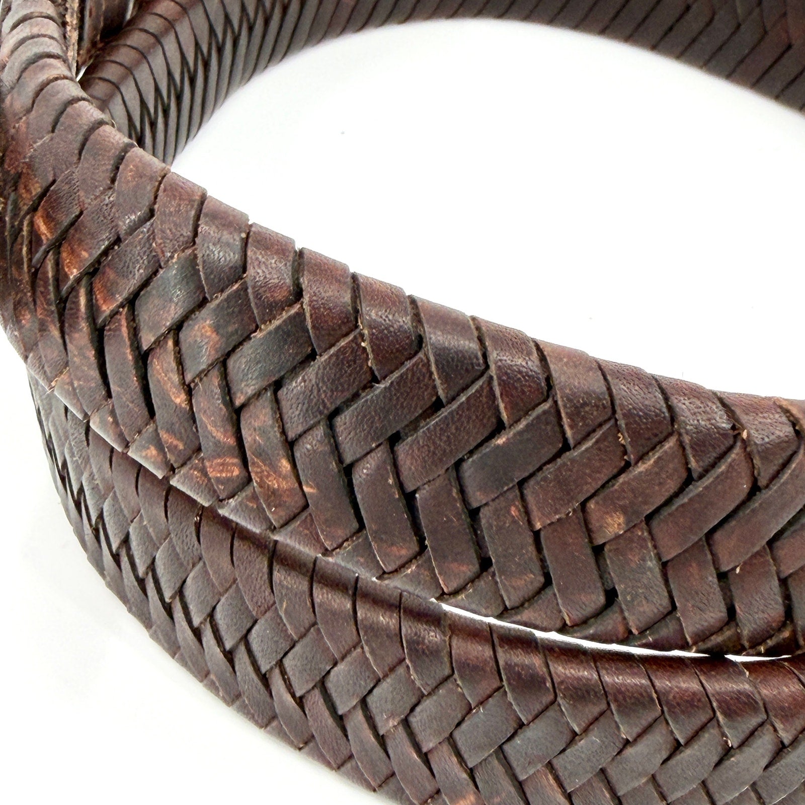 Vintage 90s Brown Genuine Leather Western Woven Silver Tip Belt