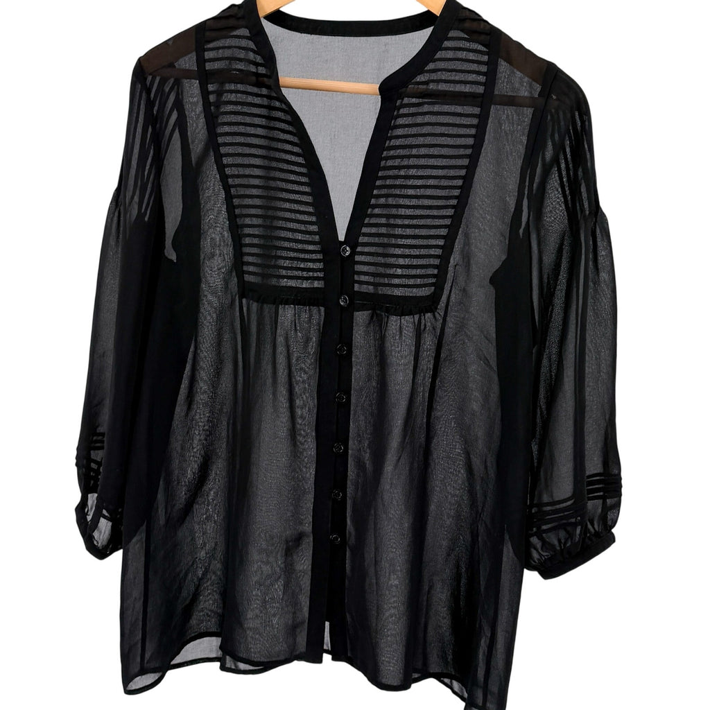 Black 100% Silk Minimalist Pintuck Pleated Sheer V Neck Peasant Blouse Top